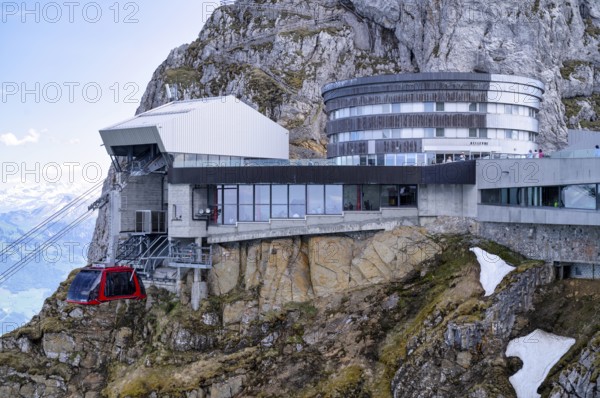Cable car cabin, Dragon Ride aerial cableway from Fräkmüntegg to Pilatus, entrance to Pilatus Kulm mountain station, Hotel Bellevue, Canton of Lucerne, Switzerland