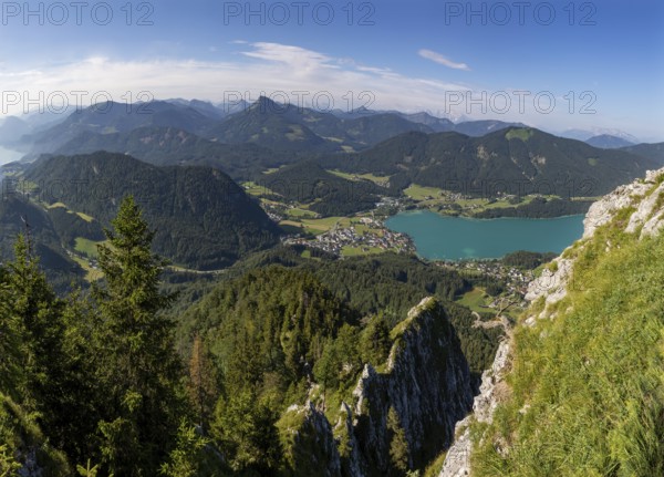 View from the Frauenkopf to Lake Fuschlsee, Osterhorn group, Salzkammergut, Salzburg province, Austria