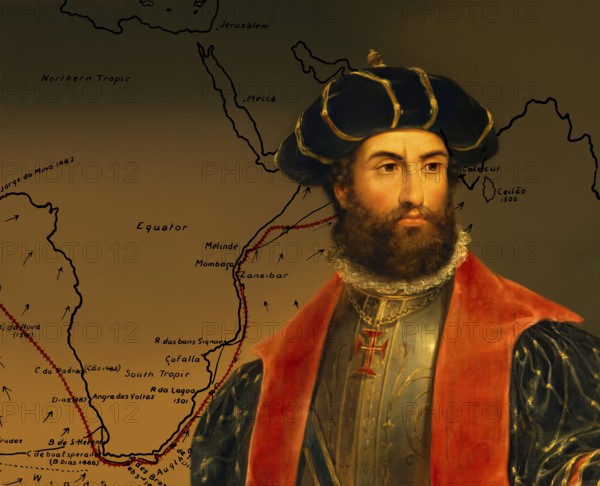 Map of the first voyage and portrait of Vasco da Gama, c. 1460s – 1524, Portuguese explorer, digitally edited according to a painting by António Manuel da Fonseca