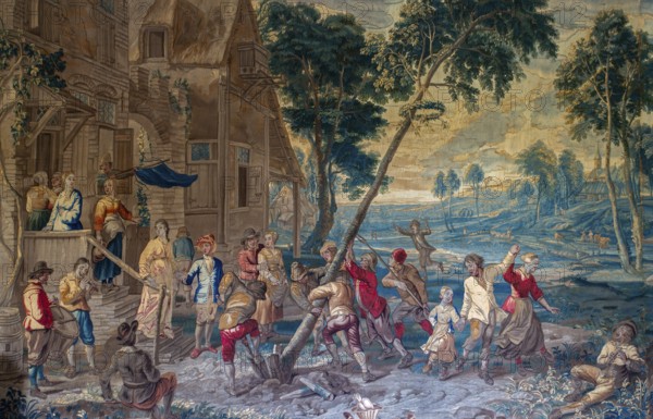 17th century Brussels tapestry May Tree Plantation in the Epinoy Room at Château de Bel?il, castle in Beloeil, province of Hainaut, Wallonia, Belgium