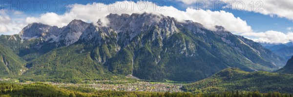 Panorama from Hoher Kranzberg, 1397m on Mittenwald, behind it the cloudy Karwendel Mountains, Werdenfelser Land, Upper Bavaria, Bavaria, Germany
