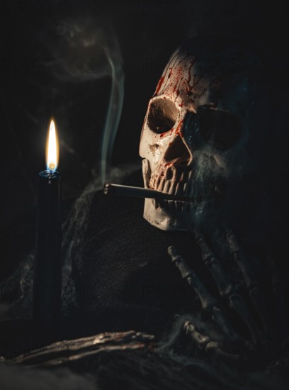 Bloodstained skull with cigarette and smoke next to a burning candle