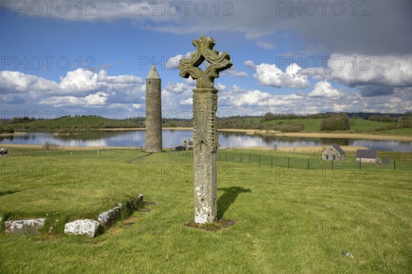 Cross in St. Mary's Augustinian Priory, Augustinian Monastery St. Mary, Devenish Island, Lough Erne, Fermanagh County, Northern Ireland, Great Britain