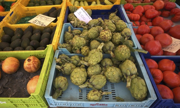 Artichoke hearts, avocado, tomatoes, vegetables, display at weekly market market, Alaró, Calvià, Majorca, Balearic Islands, Balearic Islands, Spain