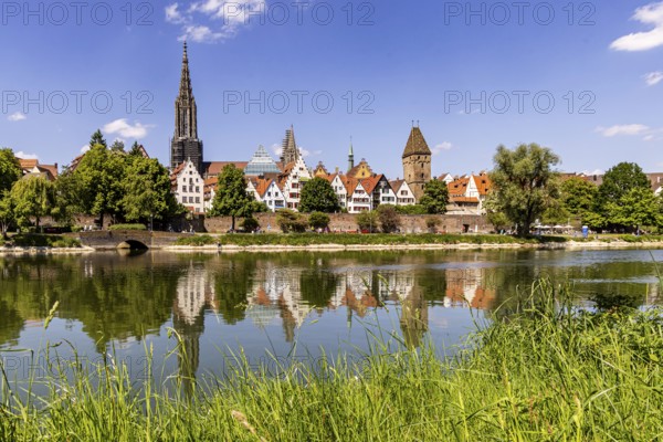 City view of Ulm with the Danube. Ulm Minster, Metzgerturm and old town. Ulm, Baden-Württemberg, Germany