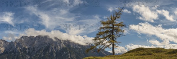 Panorama from Hoher Kranzberg, 1397m onto the cloudy Karwendel Mountains, Werdenfelser Land, Upper Bavaria, Bavaria, Germany