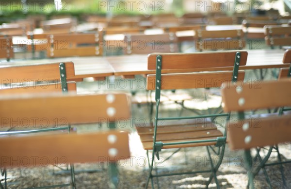 Tables, chairs, empty, beer garden, Stuttgart, Baden-Württemberg, Germany
