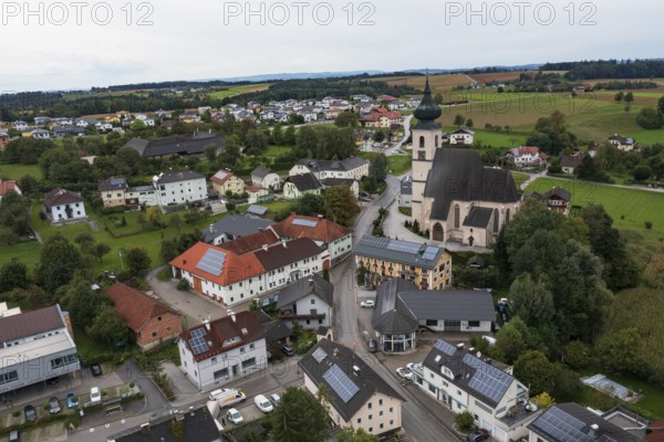 Drone shot, view of village with church, Eberstalzell, Traunviertel, Upper Austria, Austria
