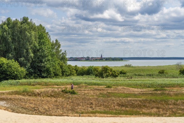 View from a sand dune in the nature reserve Altwarper Binnendünen, Neuwarper See and Riether Werder, behind the village Neuwarp, Polish Nowe Warpno, Altwarp, nature park Park Am Stettiner Haff, Mecklenburg-Vorpommern, Germany