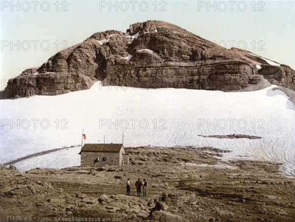 The Bamberg Hut, Mount Boe, Boe Hut, refuge in the Sella Group in the Dolomites, formerly Austria-Hungary, today South Tyrol, Italy, Historical, digitally restored reproduction from a 19th century original, Record date not stated
