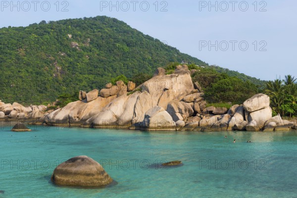 Bathing bay with turquoise water and granite rocks on the holiday island Nang Yuan Island, island, tropical, tropics, holiday paradise, landscape, bathing holiday, bathing beach, dream holiday, exotic, coastal landscape, Asian, natural landscape, rock, natural paradise, beautiful, natural, paradise, seascape, summer, beautiful weather, climate, nature, coastline, ocean, sea, water, turquoise, beach holiday, panorama, snorkelling, paradisiacal, overview, beach, bay, Koh Tao, Thailand