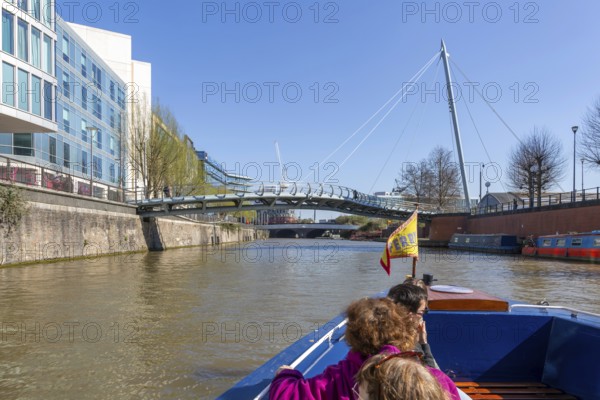 View from ferry boat approaching Valentine Bridge, Temple Quarter regeneration, Floating harbour, Bristol, England, UK