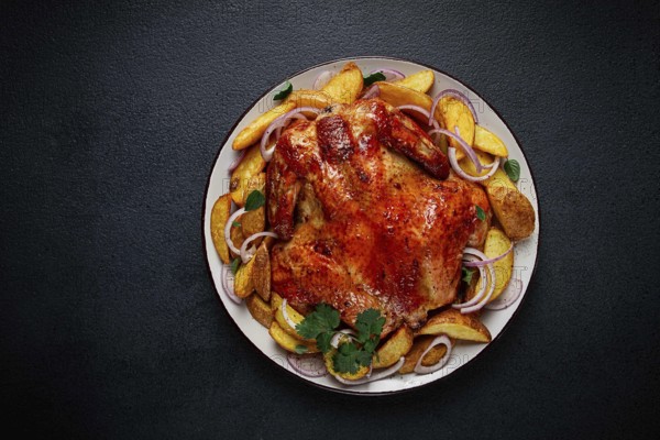 Fried, baked chicken, in the oven, with spices, and rustic potatoes, top view, homemade