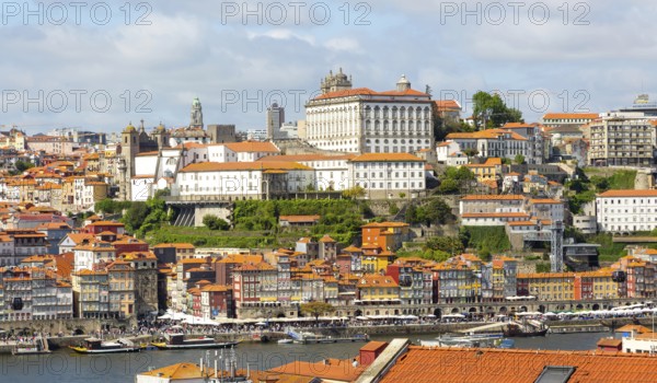River Douro riverside, historic buildings in Ribeira area, city of Porto, Portugal, Europe view over rooftops from Vila Nova de Gaia