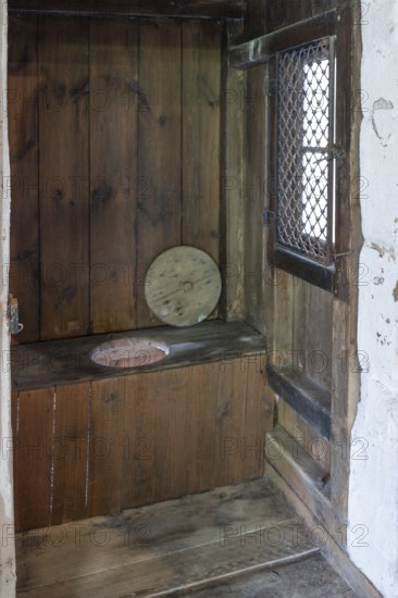 Outhouse, toilet without flush, in an old corn mill, industrial museum, Sichardstr., Lauf an der Pegnitz, Middle Franconia, Bavaria, Germany