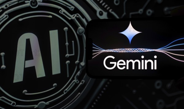 Guwahati, India. 8 December 2023. In this photo illustration a Gemini logo is displayed on a smartphone with Artificial Intelligence symbol in the background