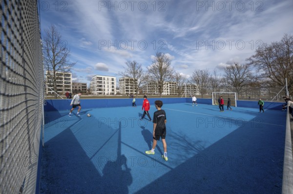 Small football pitch with safety nets on the site of the former Leighton Barracks of the Americans, today a new residential area Hubland, Würzburg, Unterfanken, Bavaria, Germany