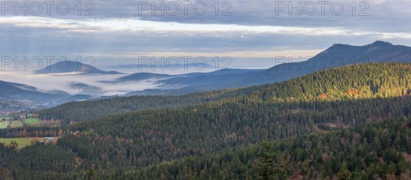 View from the Hindenburgkanzel over endless forests in autumn with valley fog, on the right the peaks Kleiner and Großer Osser, Bavarian Forest, Lower Bavaria, Bavaria, Germany