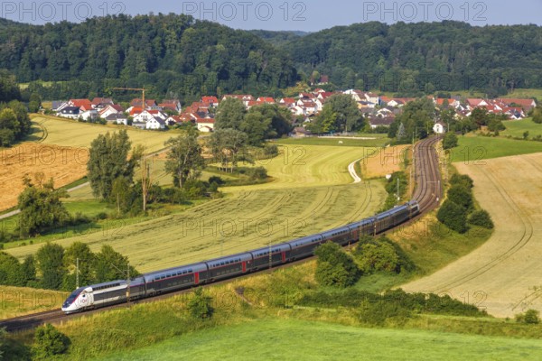TGV Duplex high-speed train on the Filstal railway in Lonsee, Germany