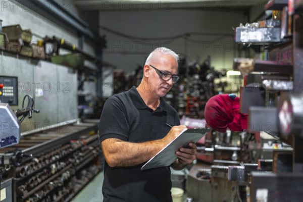 Concentrated mature male worker holding clipboard and writing while doing inventory in a metallurgical factory