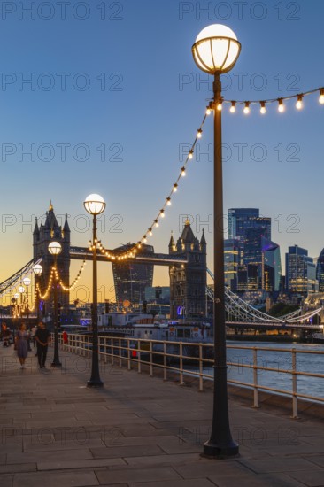 View of Tower Bridge and the London skyline from Butlers Wharf, England, Great Britain, London, South England, United Kingdom