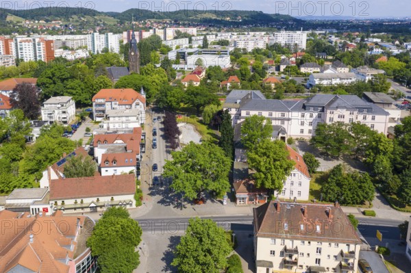 Aerial view of Wettinplatz and the New Church, in the background the new development area Dresdner Straße, Coswig, Saxony, Germany