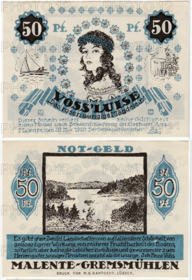 Banknote, emergency money, Malente-Gremsmühlen, 50 Pfennig, 1920, Germany, reproduction of a historical banknote