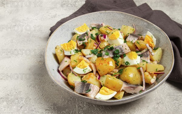 Potato salad with herring and eggs, Scandinavian cuisine, homemade, no people