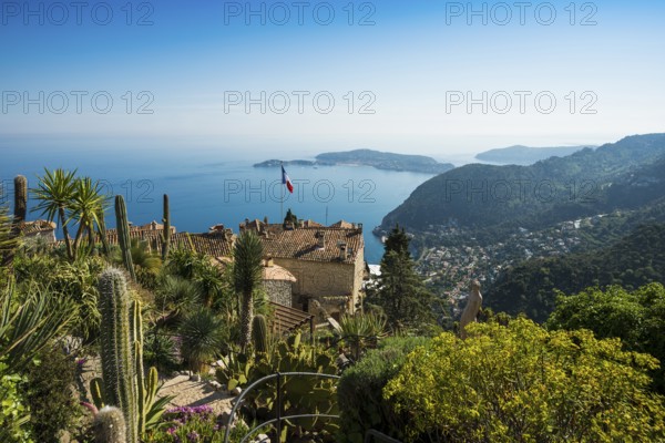 Picturesque mountain village overlooking the sea, Jardin Exotique, Èze, Cote d'Azur, Alpes-Maritimes, Provence-Alpes-Cote-d'Azur, South of France, France