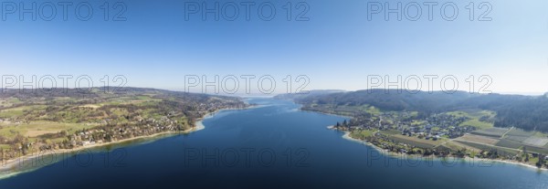 Aerial view, panorama of Lake Constance, Untersee, also known as Lake Rhine, which flows into the Rhine at Stein am Rhein, on the left the German peninsula Höri, on the right the Thurgau lake ridge, on the horizon the island of Reichenau, district of Constance, Baden-Württemberg, Germany
