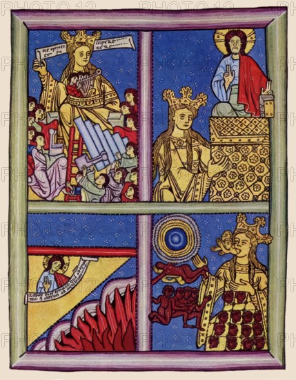 Illuminated manuscript page of Liber Scivias, by Hildegard of Bingen, Sibyl of the Rhine, 1098 – 1179, German Benedictine abbess and polymath, Facsimile from 1927, digitally edited
