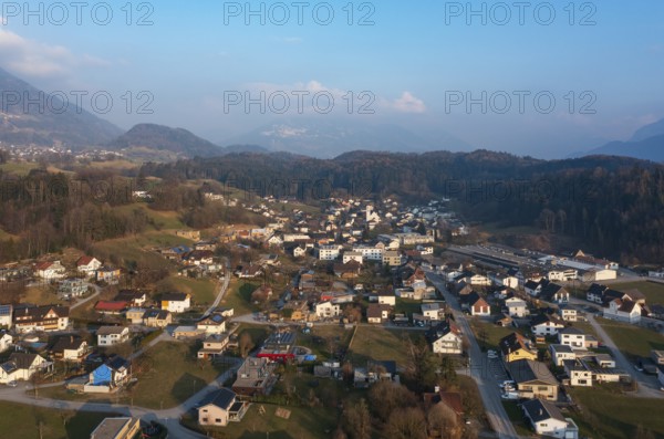 Drone image, residential buildings, residential area, Schlins, Walgau, Vorarlberg, Austria