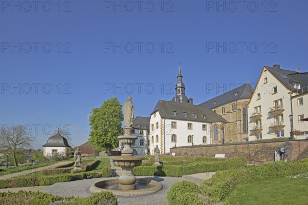 Gothic St Mauritius Church, oldest monastery complex in Germany, record, age, built in 634, monastery garden with fountain, monastery church, Benedictine abbey, abbey, Tholey, Saarland, Germany