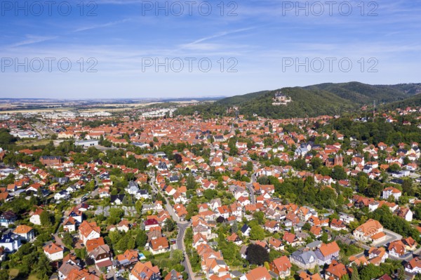 Aerial view of town and castle, town view from west, Wernigerode, Harz, Saxony-Anhalt, Germany