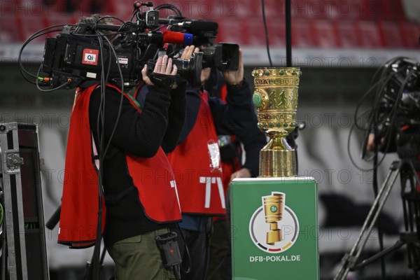 TV camera team films cup on podium, semi-final, DFB Cup, MHPArena, MHP Arena Stuttgart, Baden-Württemberg, Germany