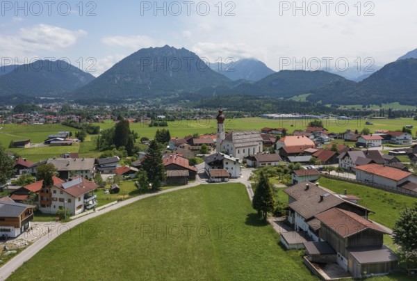 Drone image, view of the village with parish church, Wängle, Rettener Becken, Tyrol, Austria