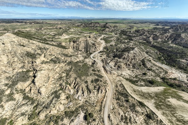 Gravel road Ruta Jubierre, desert, rock formations, aerial view, Desierto de los Monegros, Spain