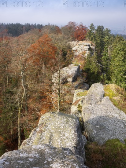 Großer Waldstein, view over rock formation and forest in autumn, Fichtelgebirge, Upper Franconia, Franconia, Bavaria, Germany