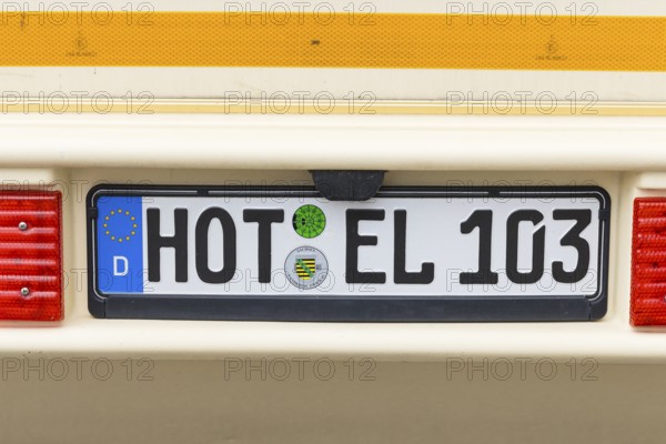 Caravan with the funny licence plate HOTEL in Hohenstein- Ernstthal, Saxony, Germany