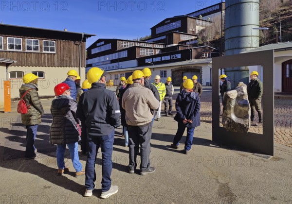 Group of visitors on a guided tour of the Rammelsberg ore mine, UNESCO World Heritage Site, Goslar, Lower Saxony, Germany