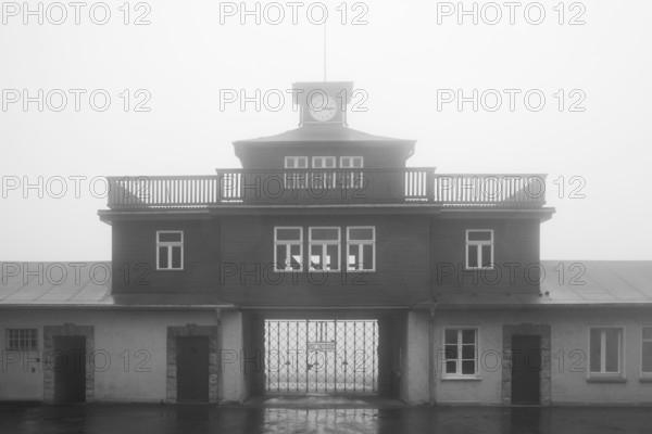 Tor tor to the camp with fog in the beech forest concentration camp, today a concentration camp memorial, Weimar, Thuringia, Germany