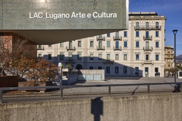 Lugano Arte e Cultura, cultural museum, art museum, cultural centre, modern architecture, architect Ivano Gianola, historic Grand Palace building, concrete wall, Riva Vincenzo Vela street, Lugano, district of Lugano, canton of Ticino, Switzerland