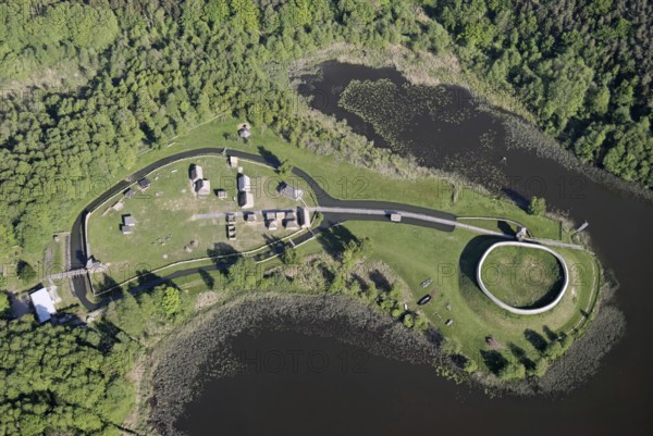 Archaeological open-air museum Groß Raden, aerial photograph, Slavic castle complex, settlement, Old Slavic, wooden buildings, Obotrite tribe, excavations, castle complex, gatehouse, fortifications, cult site, Sternberg Mecklenburg-Vorpommern, Germany