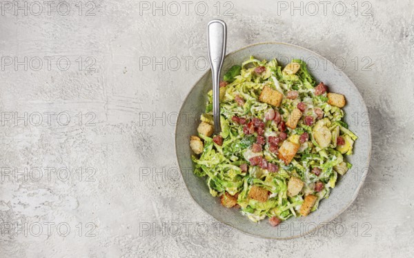 Brussels sprouts Caesar salad, with bacon and croutons, healthy food, homemade, no people
