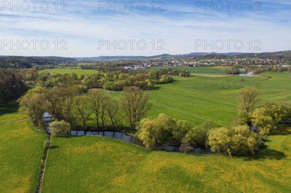 Wet meadows at the confluence or source of the Main, Main valley, Melkendorf near Kulmbach, aerial view, Upper Franconia, Franconia, Bavaria, Germany