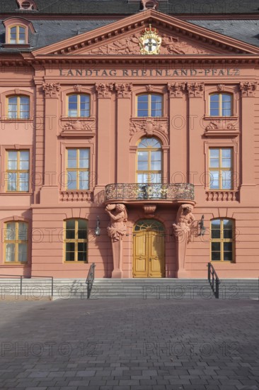 Entrance to the baroque Rhineland-Palatinate state parliament, built in 1740, government building, politics, portal, inscription, state parliament, Deutschordenshaus, Deutschhaus, old town centre, Mainz, Rhine-Hesse region, Rhineland-Palatinate, Germany