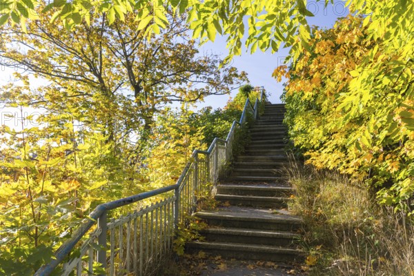 Ascent to the castle rock, the former castle in the centre of the town of Falkenstein, Vogtland, Saxony, Germany