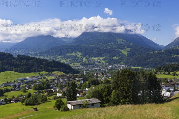 View of the village with parish church, Göfis, Walgau, Vorarlberg, Austria
