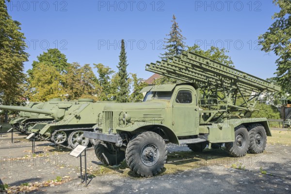 Various combat vehicles, on the right artillery rocket launcher BM-13N Katyusha Stalin organ, Museum Berlin-Karlshorst: Site of the capitulation May 1945, Zwieseler Straße, Karlshorst, Lichtenberg, Berlin, Germany