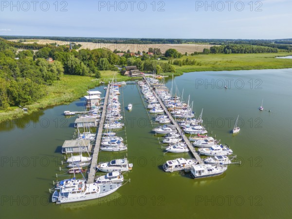 Aerial view, drone photo: Yachts in Krummin natural harbour, Krumminer Wiek on the Peene River, Usedom Island, Mecklenburg-Western Pomerania, Germany